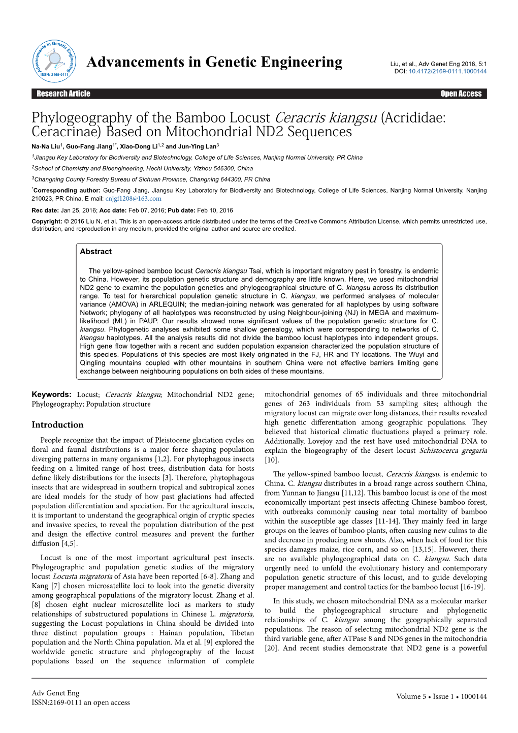 Phylogeography of the Bamboo Locust Ceracris Kiangsu (Acrididae