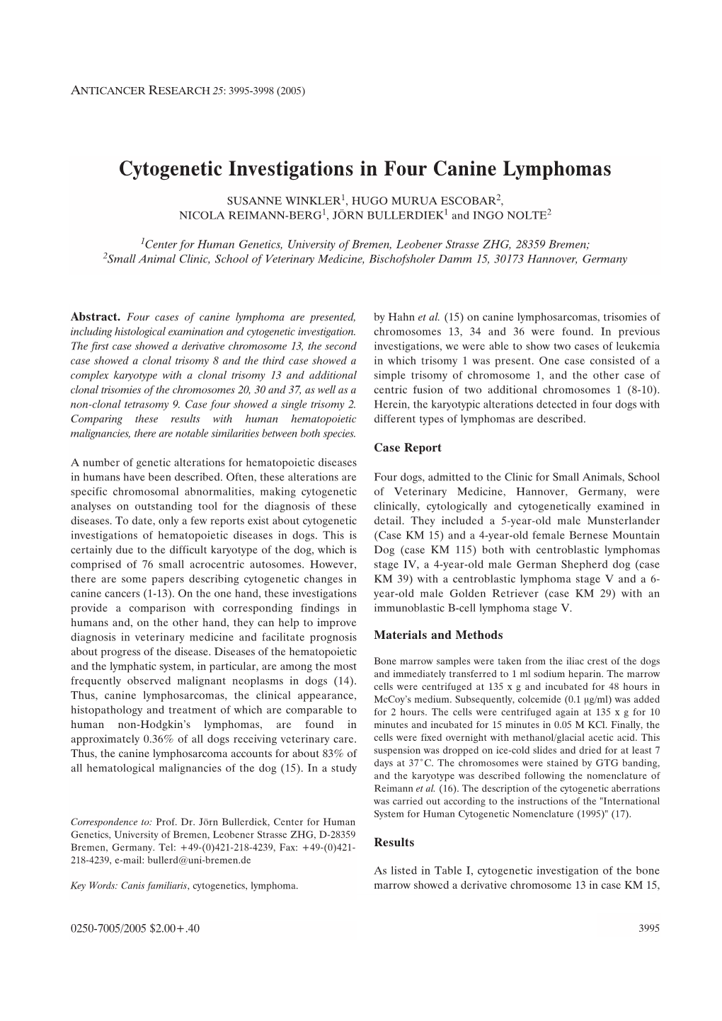 Cytogenetic Investigations in Four Canine Lymphomas