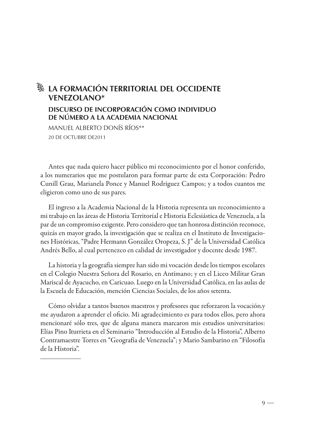 LA Formación TERRITORIAL DEL OCCIDENTE Venezolano*