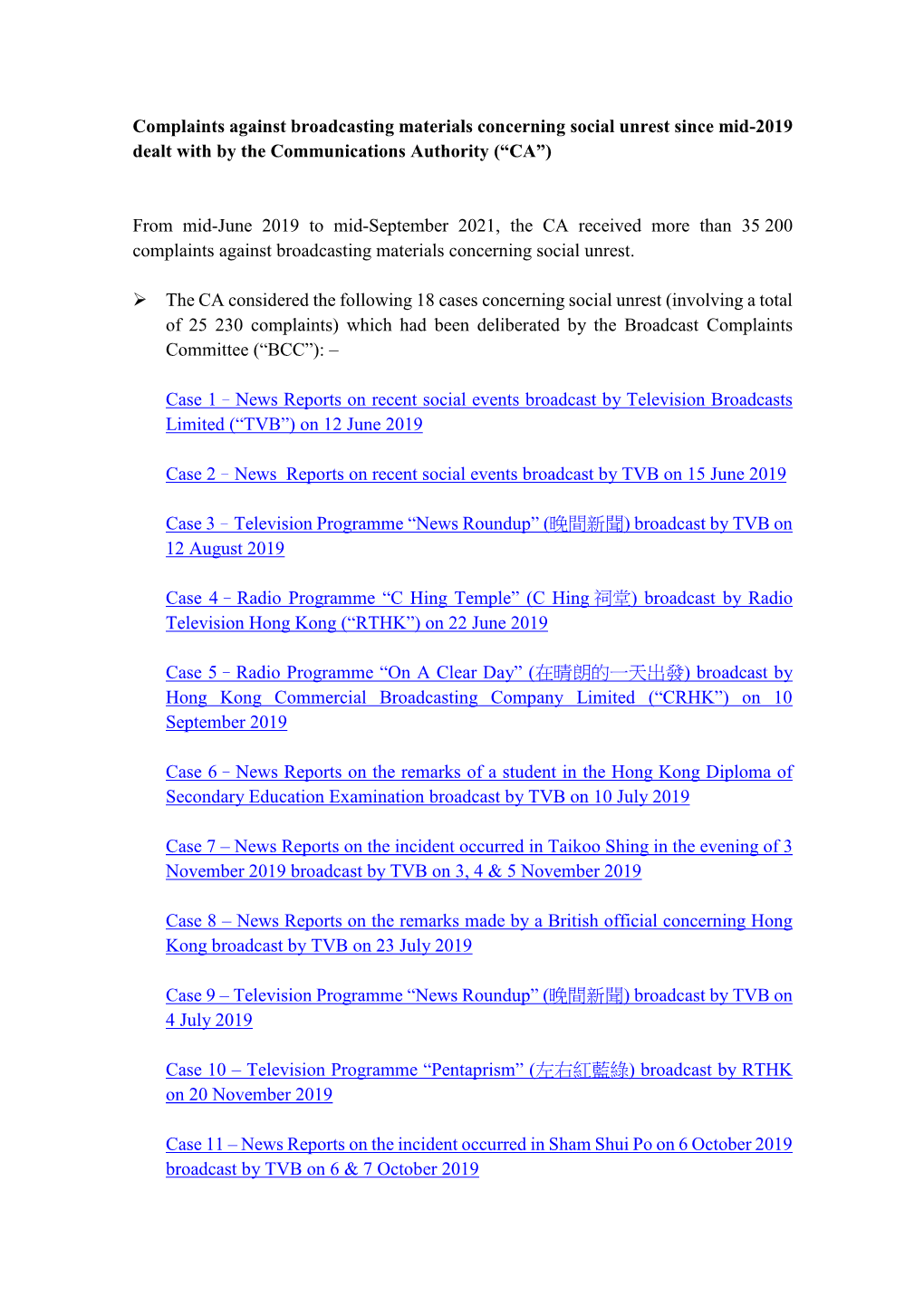 Complaints Against Broadcasting Materials Concerning Social Unrest Since Mid-2019 Dealt with by the Communications Authority (“CA”)
