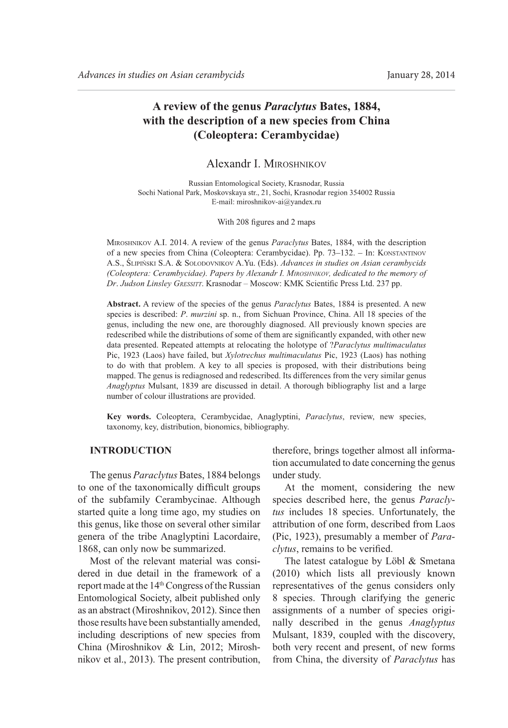 A Review of the Genus Paraclytus Bates, 1884, with the Description of a New Species from China (Coleoptera: Cerambycidae)