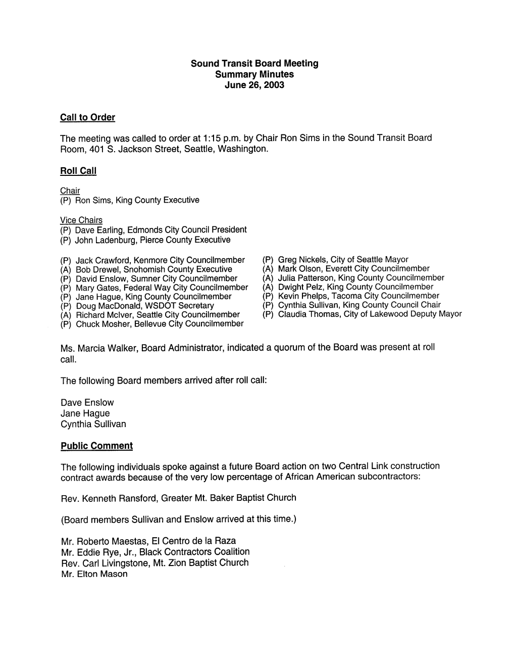 Sound Transit Board Meeting Summary Minutes June 26,2003