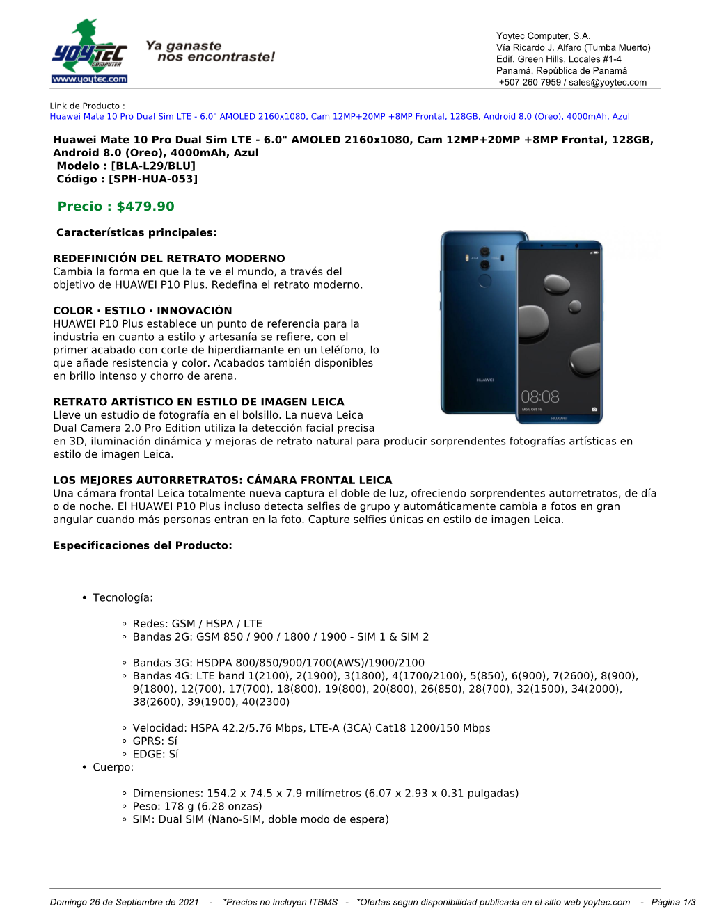 Huawei Mate 10 Pro Dual Sim LTE - 6.0" AMOLED 2160X1080, Cam 12MP+20MP +8MP Frontal, 128GB, Android 8.0 (Oreo), 4000Mah, Azul