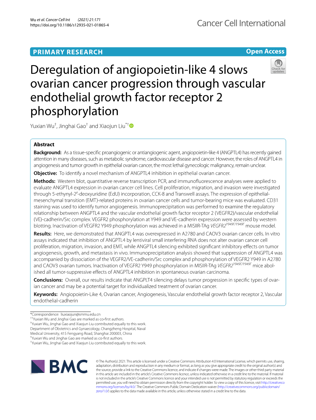 Deregulation of Angiopoietin-Like 4 Slows Ovarian Cancer Progression