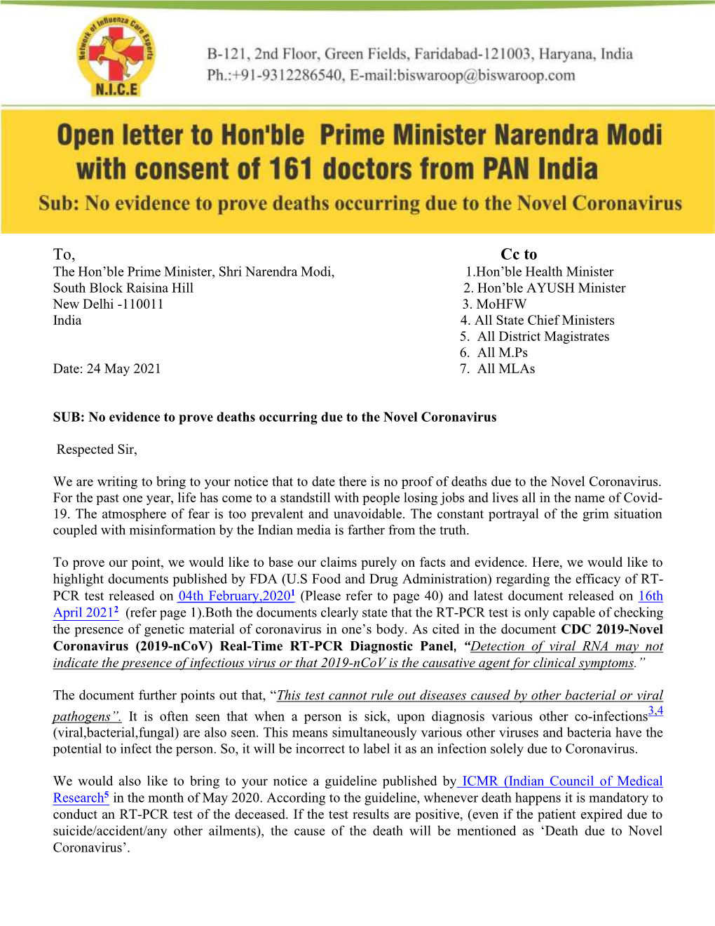 To, Cc to the Hon’Ble Prime Minister, Shri Narendra Modi, 1.Hon’Ble Health Minister South Block Raisina Hill 2