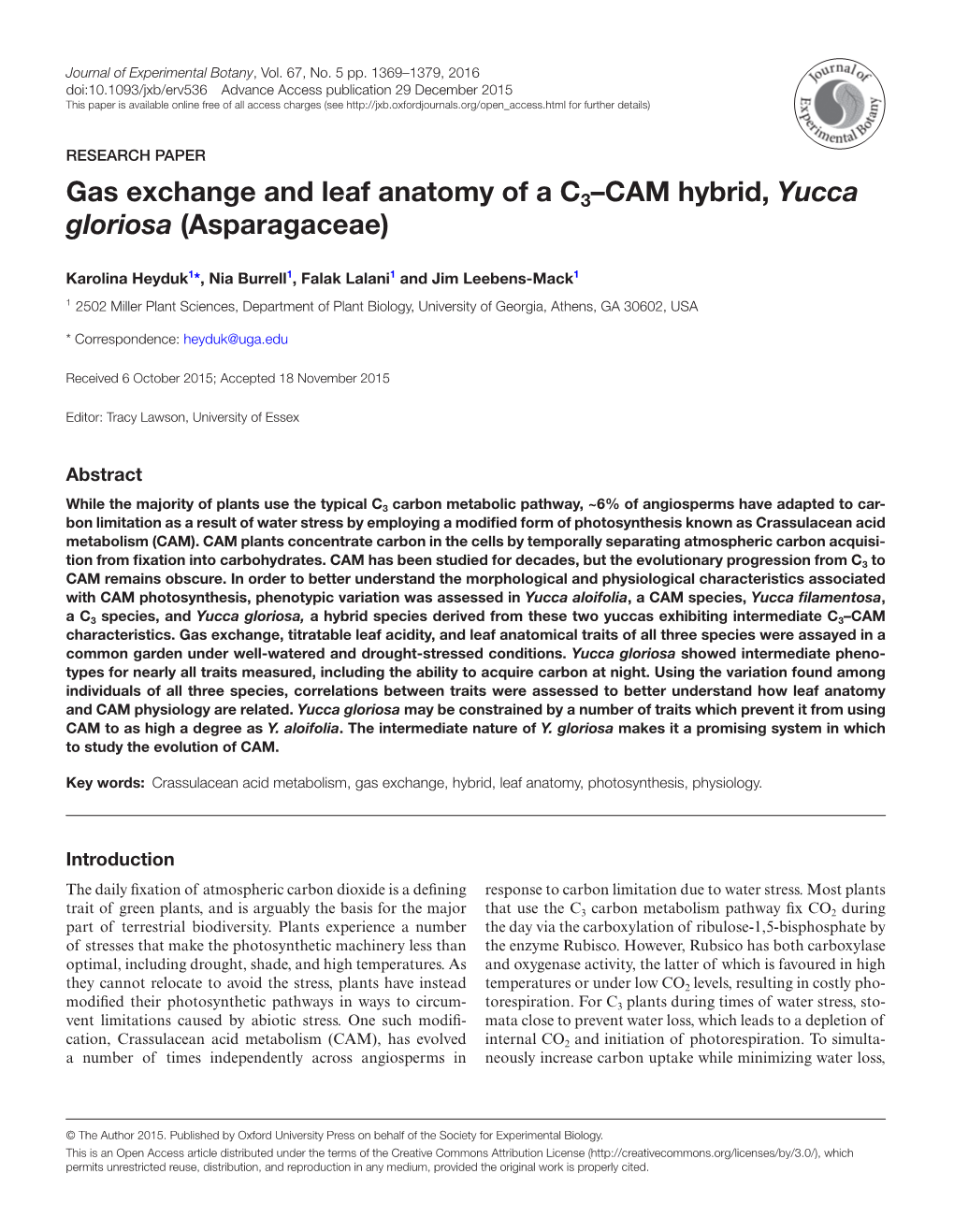 Gas Exchange and Leaf Anatomy of a C3–CAM Hybrid, Yucca Gloriosa (Asparagaceae)