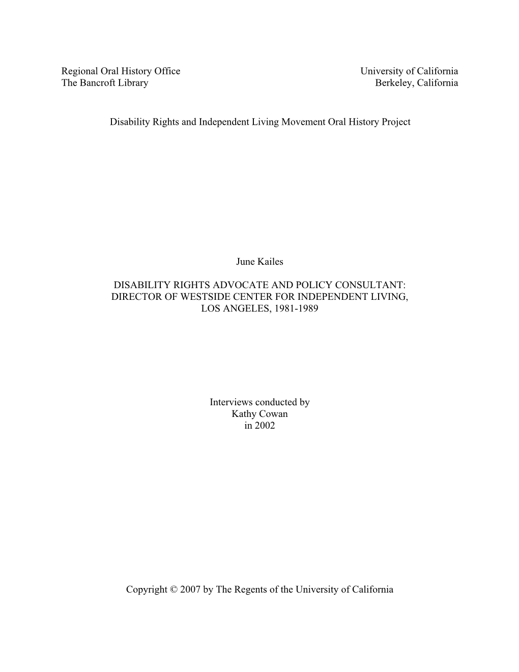 Regional Oral History Office University of California the Bancroft Library Berkeley, California