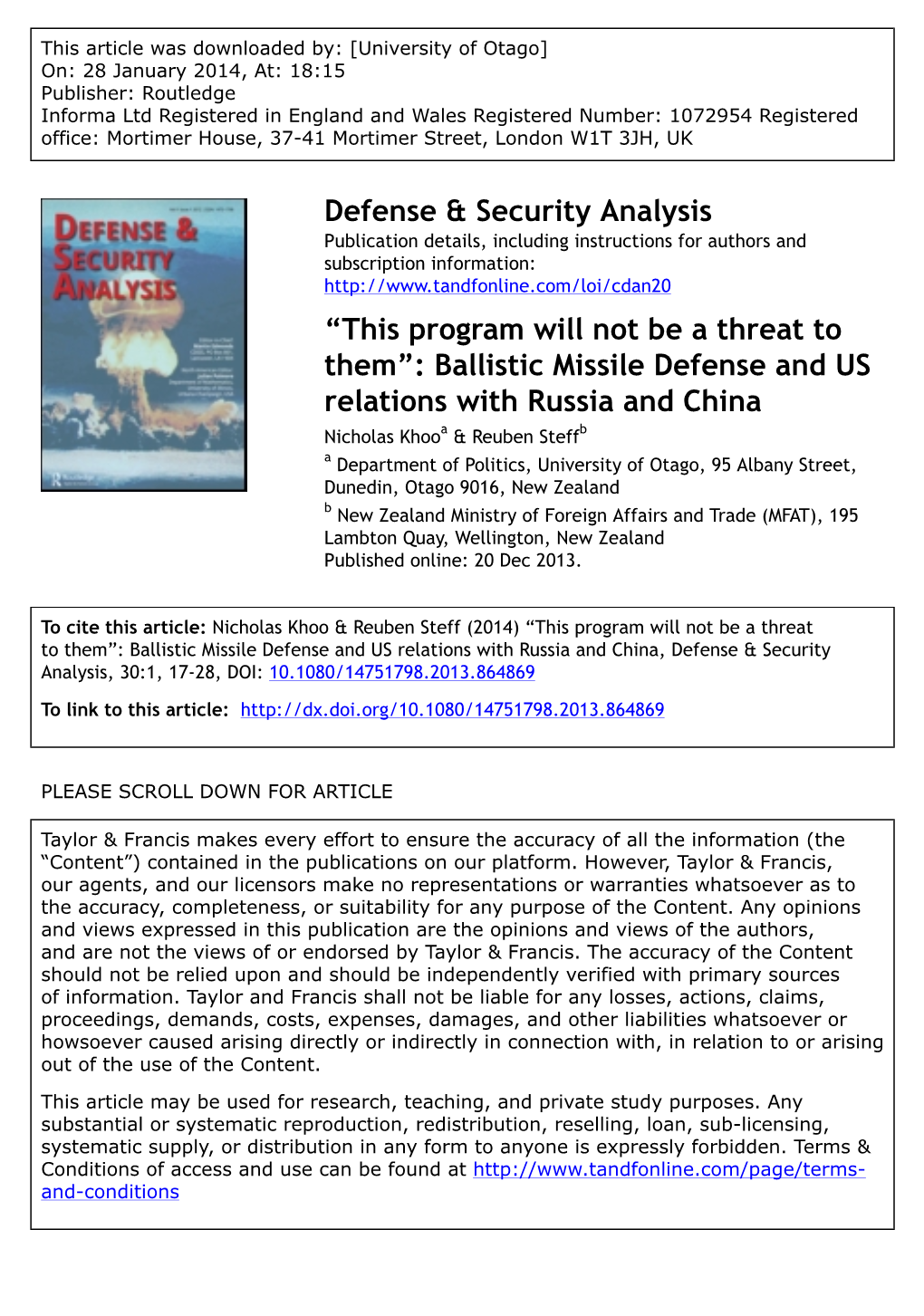 Ballistic Missile Defense and US Relations with Russia and China