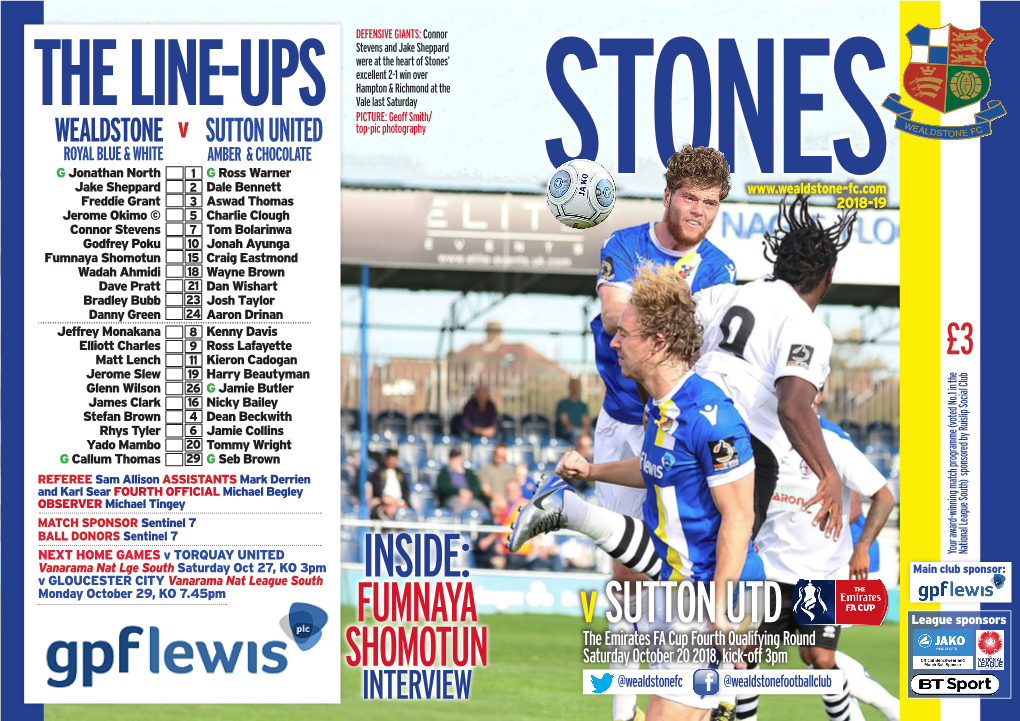 BY TIM PARKS WEALDSTONE V SUTTON UNITED 20.10.2018 QUICK-FIRE QUESTIONS