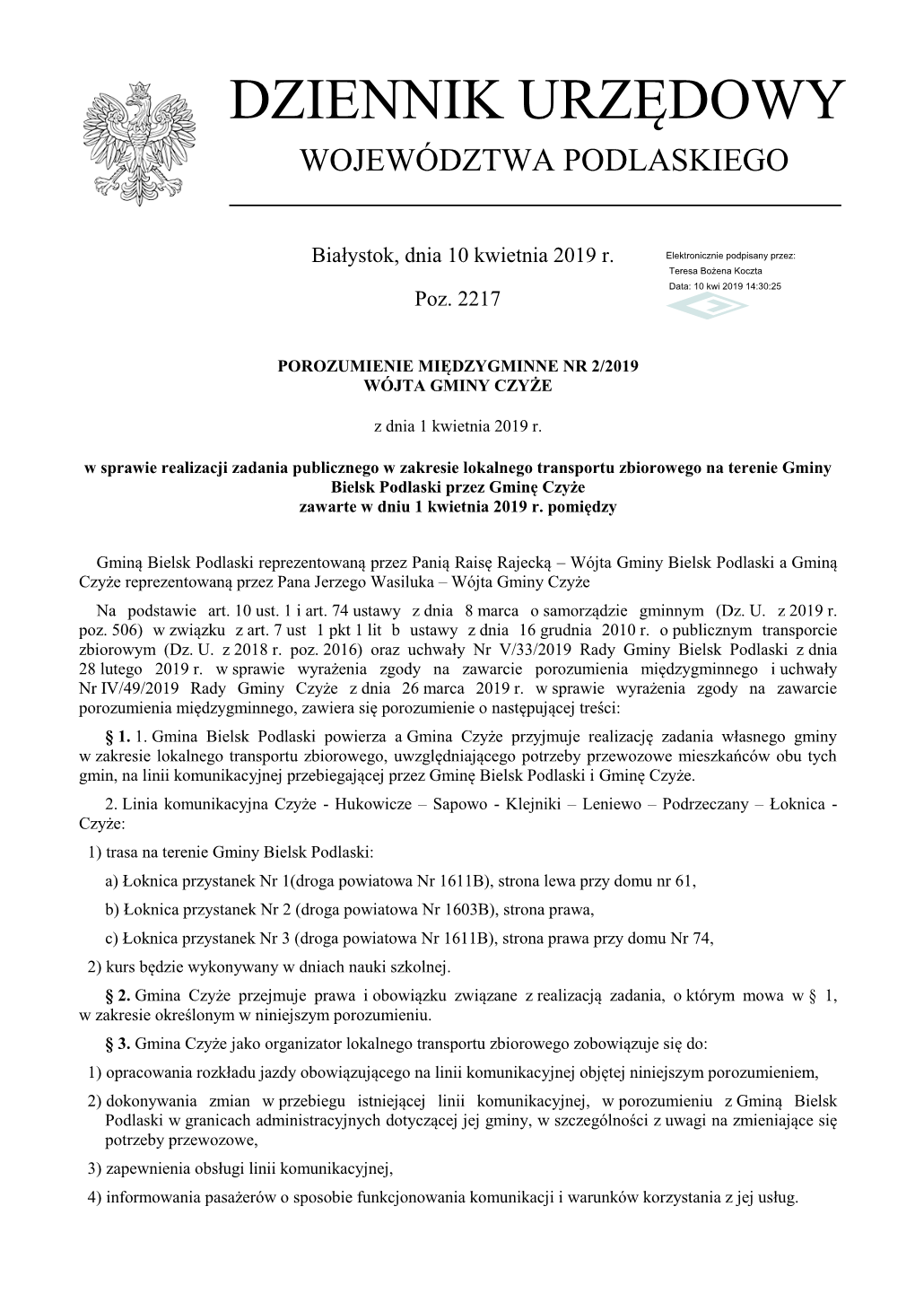 Porozumienie Międzygminne Nr 2/2019 Z Dnia 1 Kwietnia 2019 R