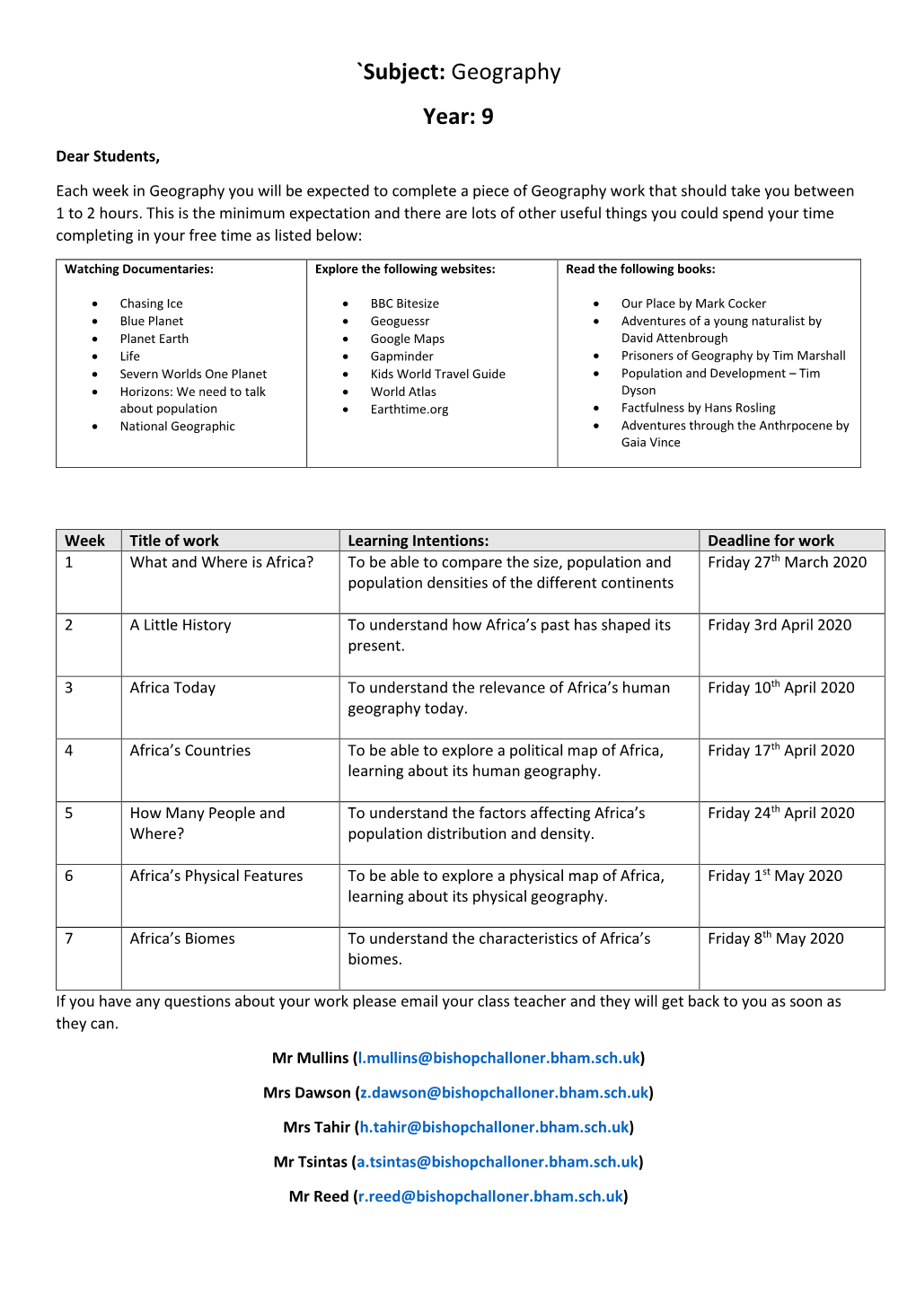 `Subject: Geography Year: 9