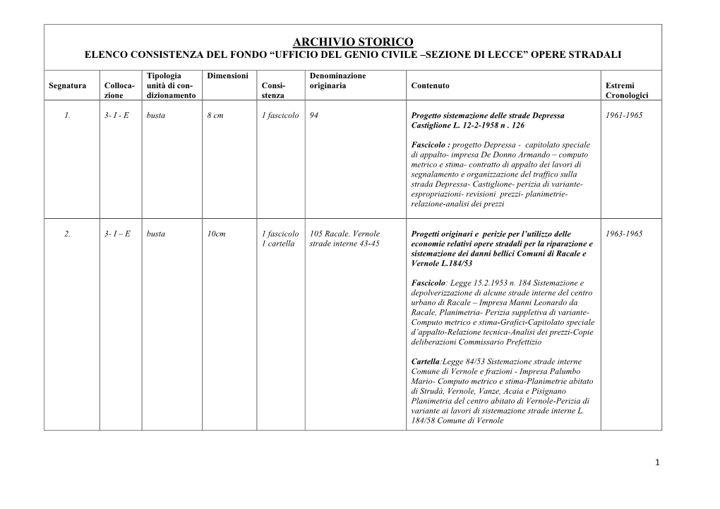 Archivio Storico Elenco Consistenza Del Fondo “Ufficio Del Genio Civile –Sezione Di Lecce” Opere Stradali