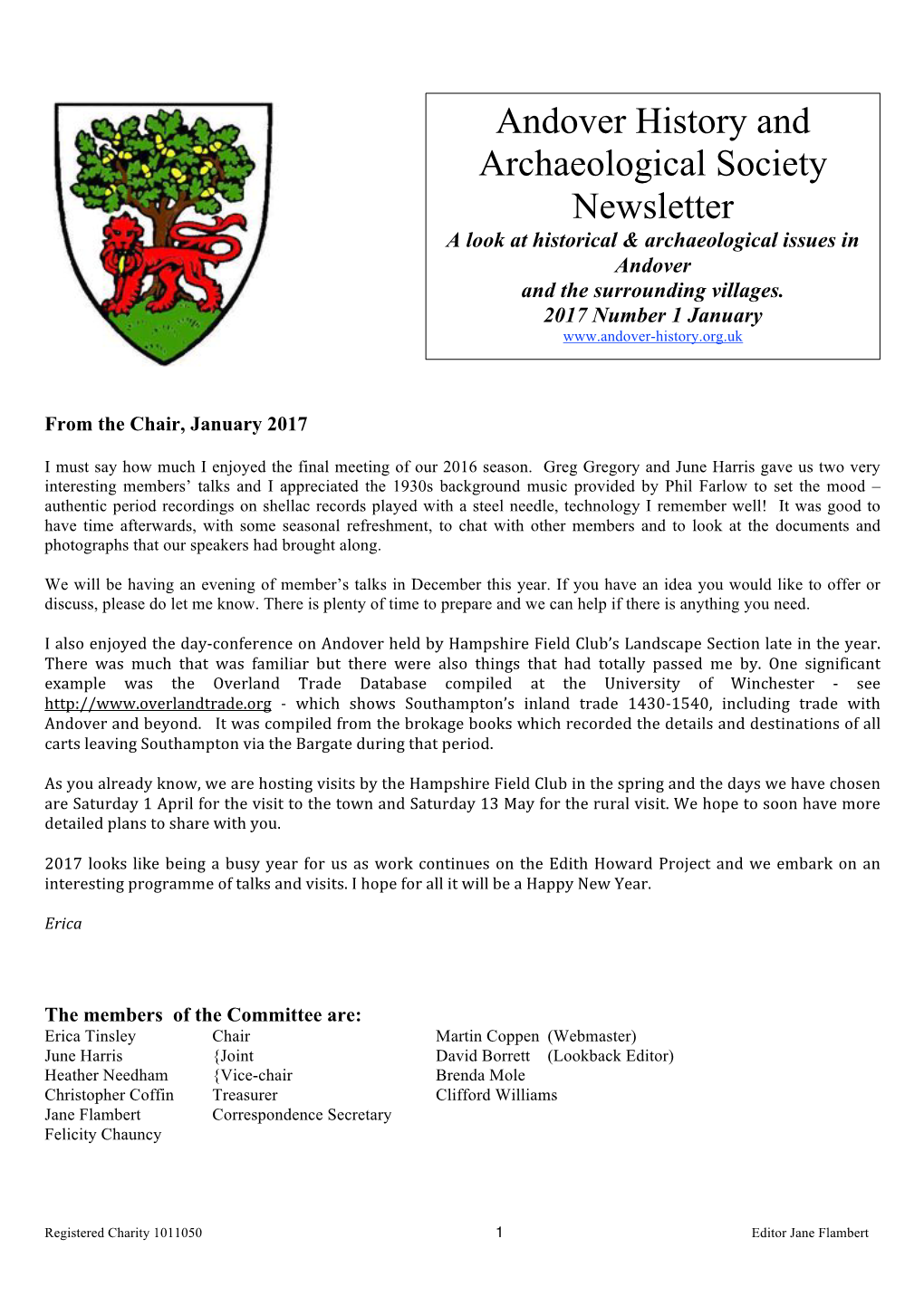 Andover History and Archaeological Society Newsletter a Look at Historical & Archaeological Issues in Andover and the Surrounding Villages