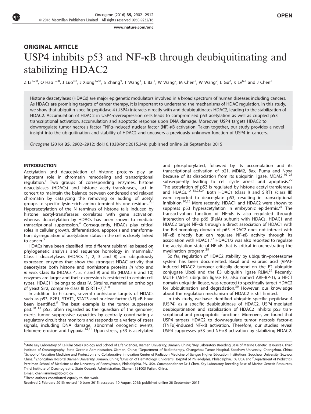 USP4 Inhibits P53 and NF-&Kappa