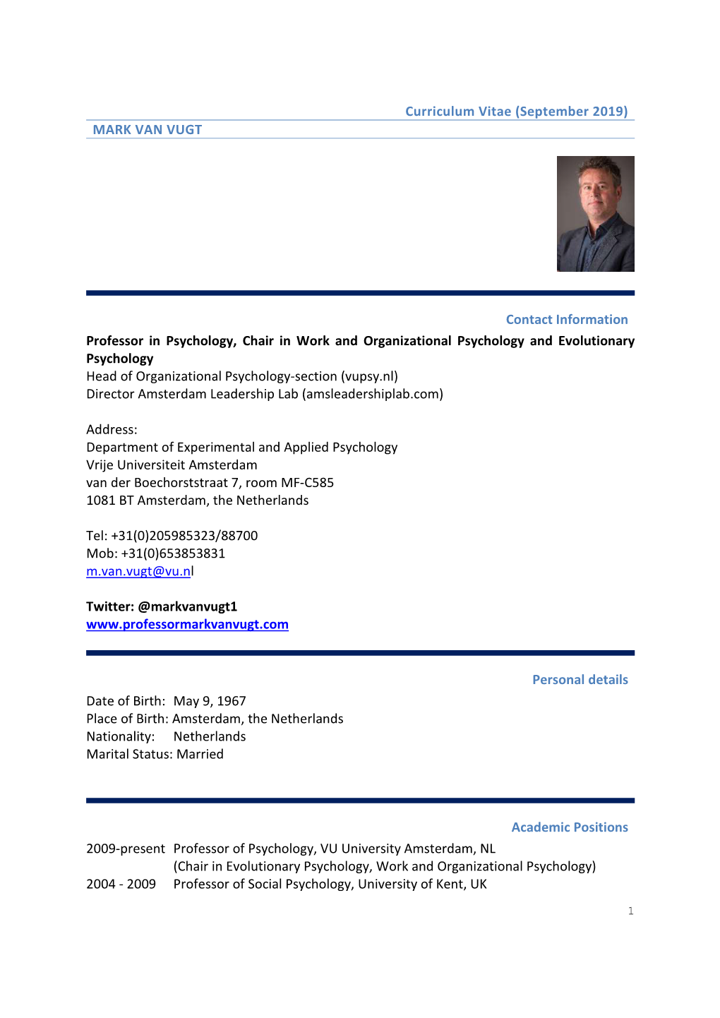 Curriculum Vitae (September 2019) MARK VAN VUGT