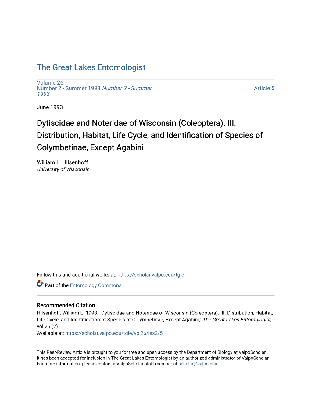 Dytiscidae and Noteridae of Wisconsin (Coleoptera). III