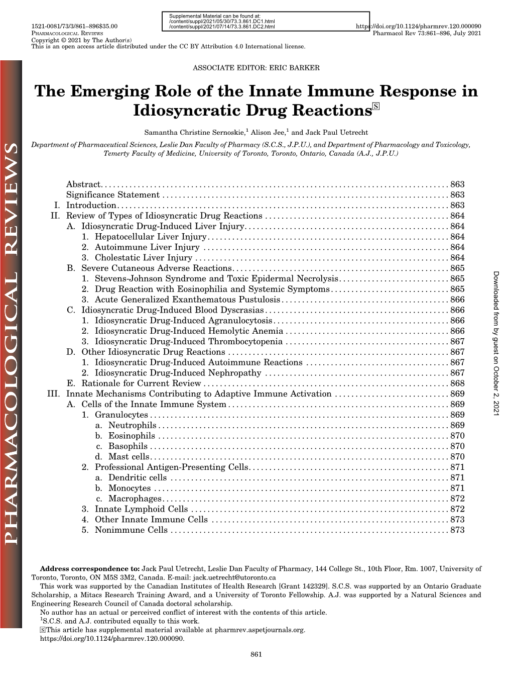 The Emerging Role of the Innate Immune Response in Idiosyncratic Drug Reactionss