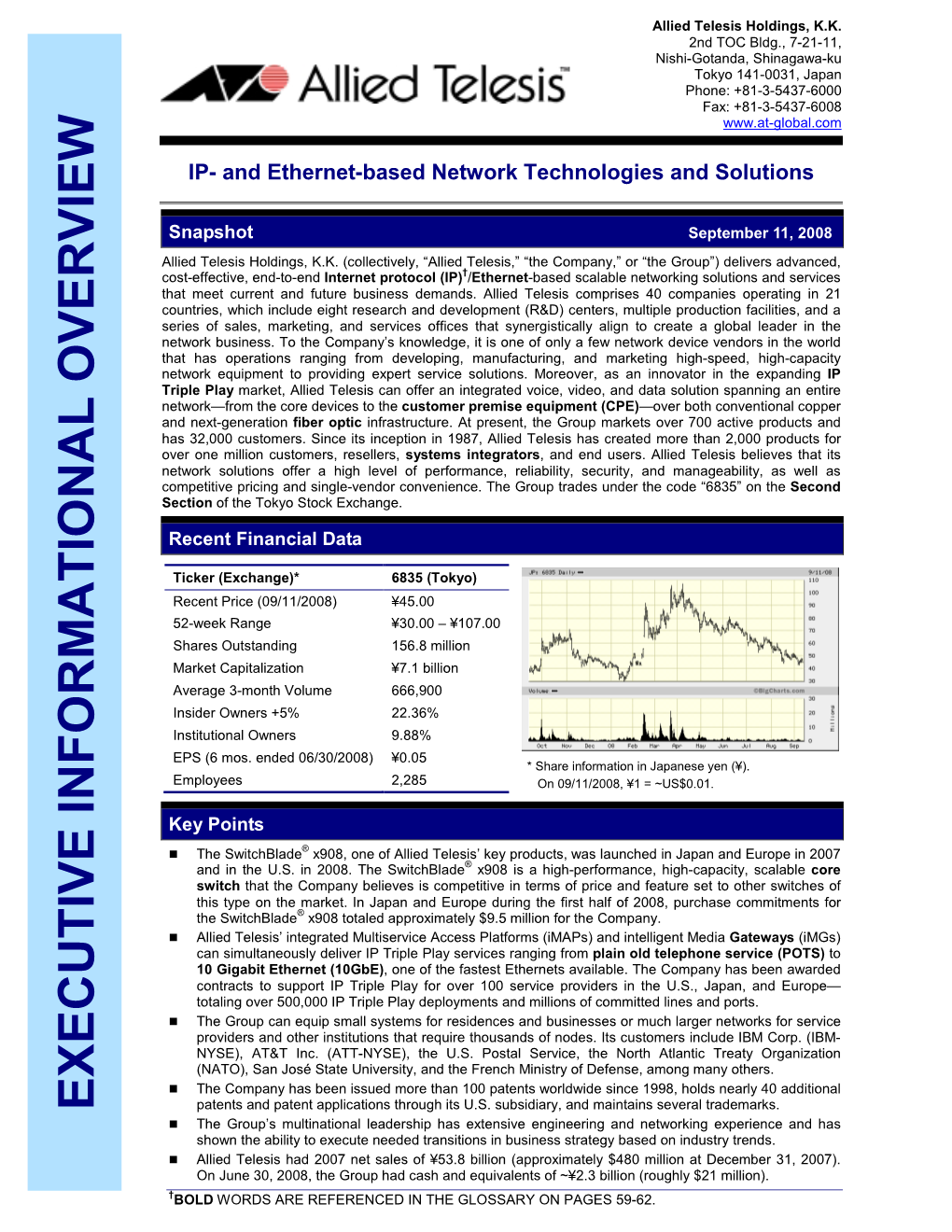 EXECUTIVE INFORMATIONAL OVERVIEW Patents and Patent Applications Through Its U.S