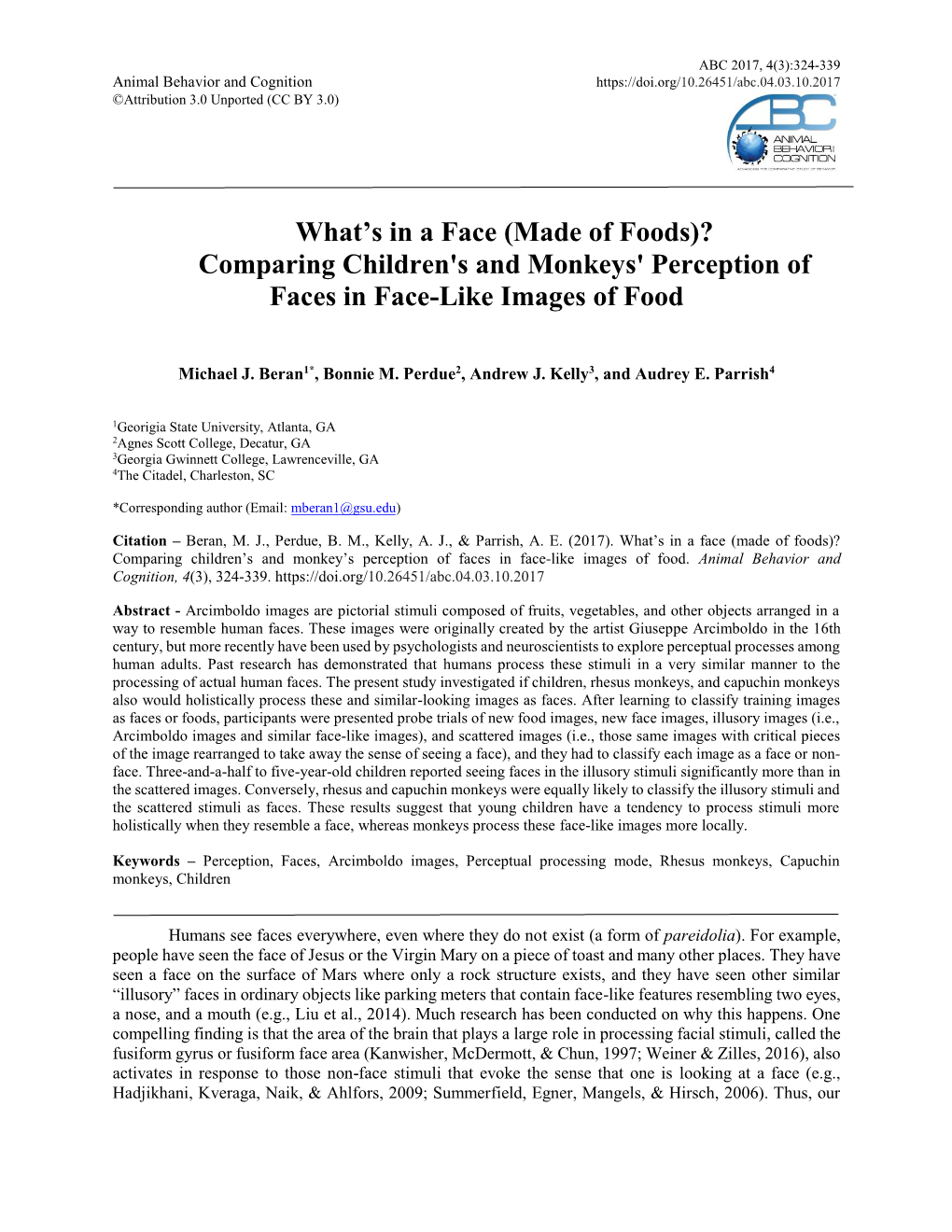 Comparing Children's and Monkeys' Perception of Faces in Face-Like Images of Food