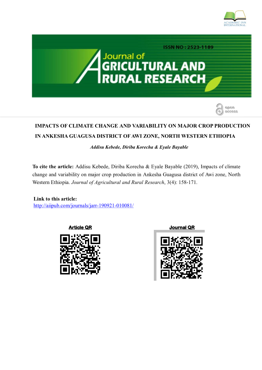 Journal of Agriculture & Rural Research, Vol, Issue, PP