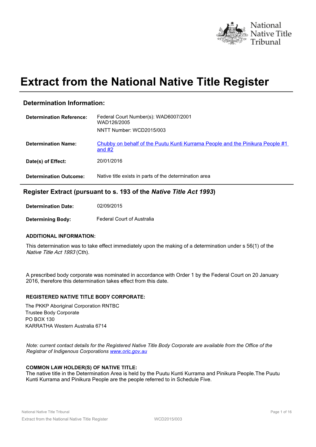 Extract from the National Native Title Register