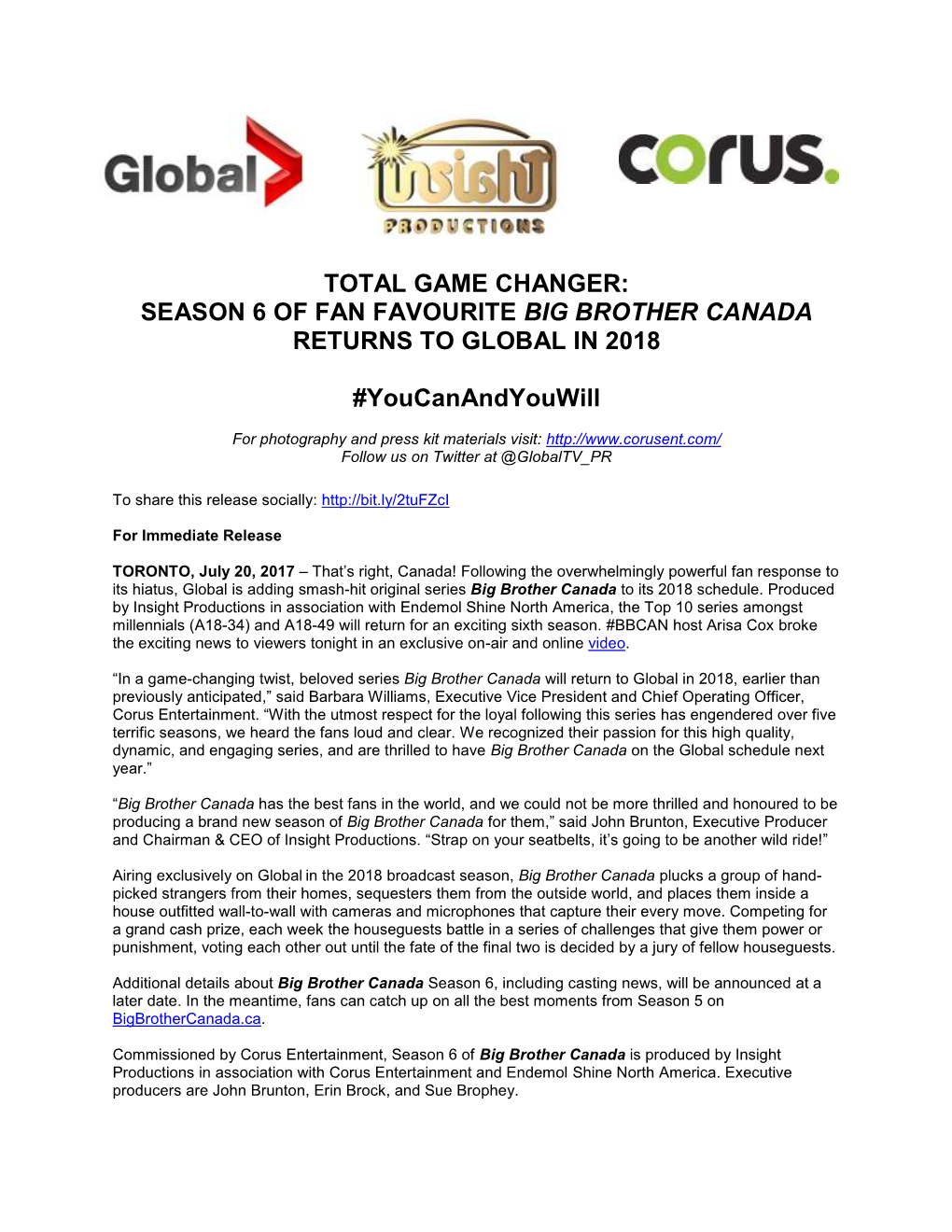 Total Game Changer: Season 6 of Fan Favourite Big Brother Canada Returns to Global in 2018