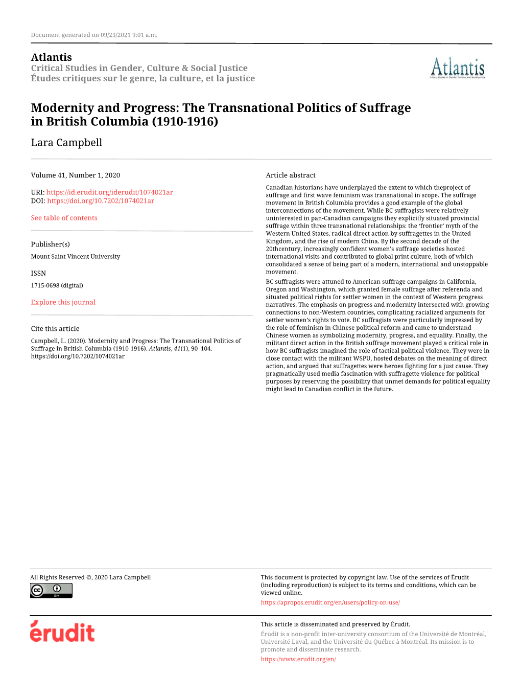 The Transnational Politics of Suffrage in British Columbia (1910-1916) Lara Campbell