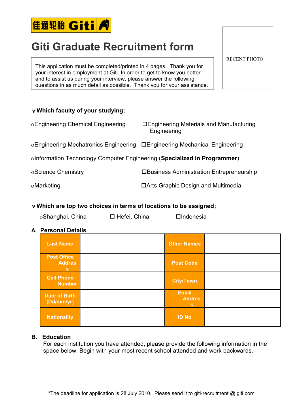 Giti Graduate Recruitment Form