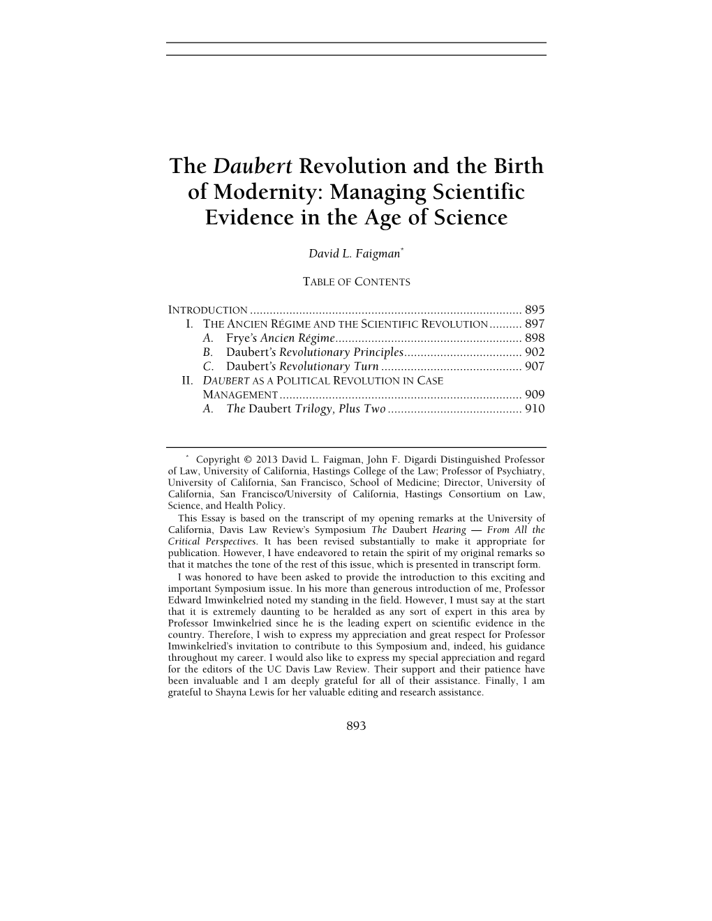 The Daubert Revolution and the Birth of Modernity: Managing Scientific Evidence in the Age of Science