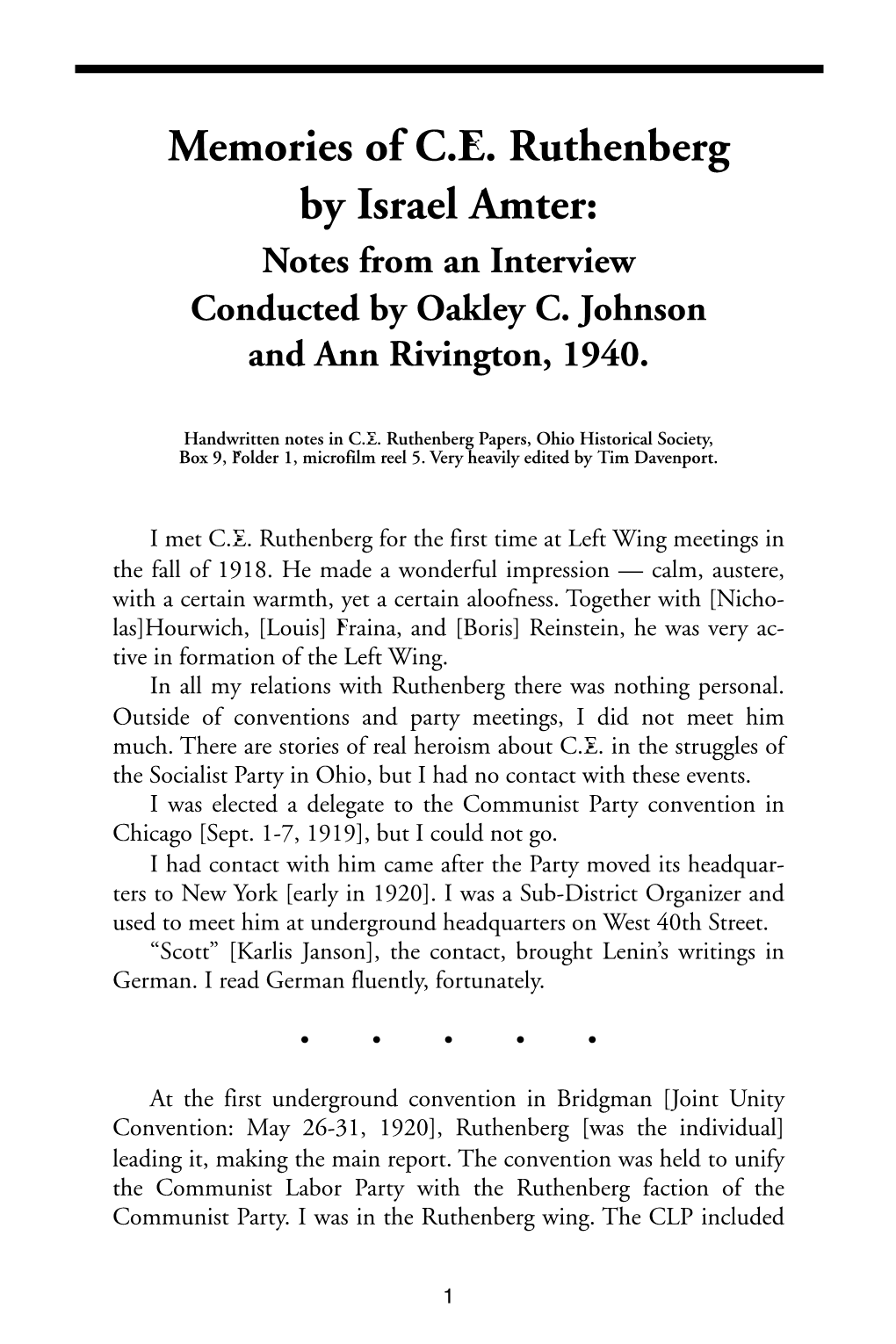 Memories of C.E. Ruthenberg by Israel Amter: Notes from an Interview Conducted by Oakley C