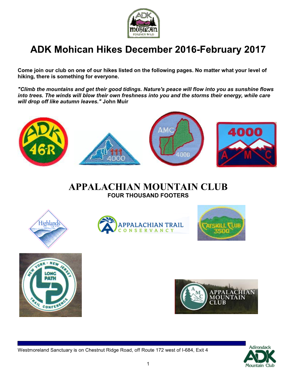 ADK Mohican Hikes December 2016-February 2017 APPALACHIAN MOUNTAIN CLUB