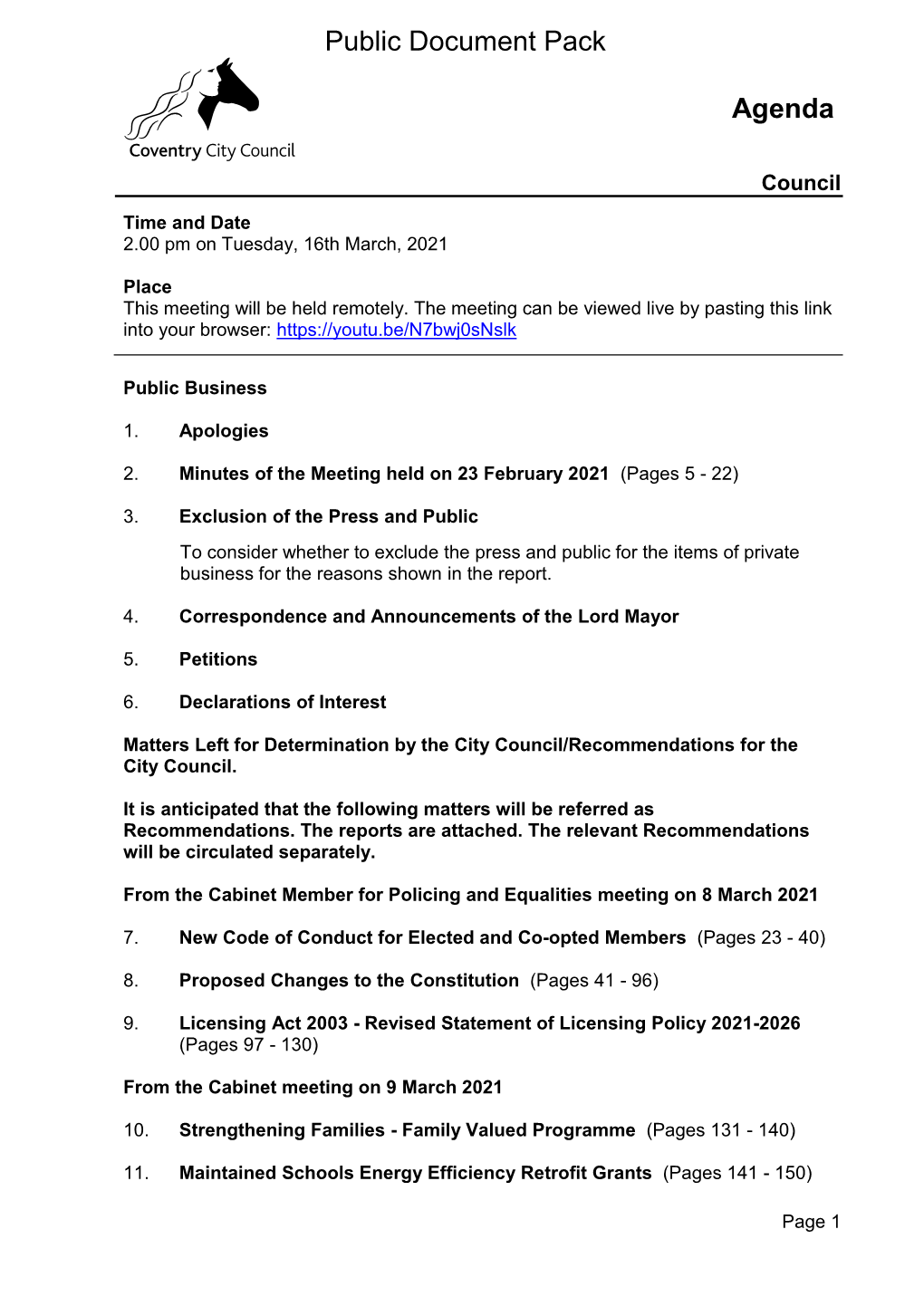 (Public Pack)Agenda Document for Council, 16/03/2021 14:00