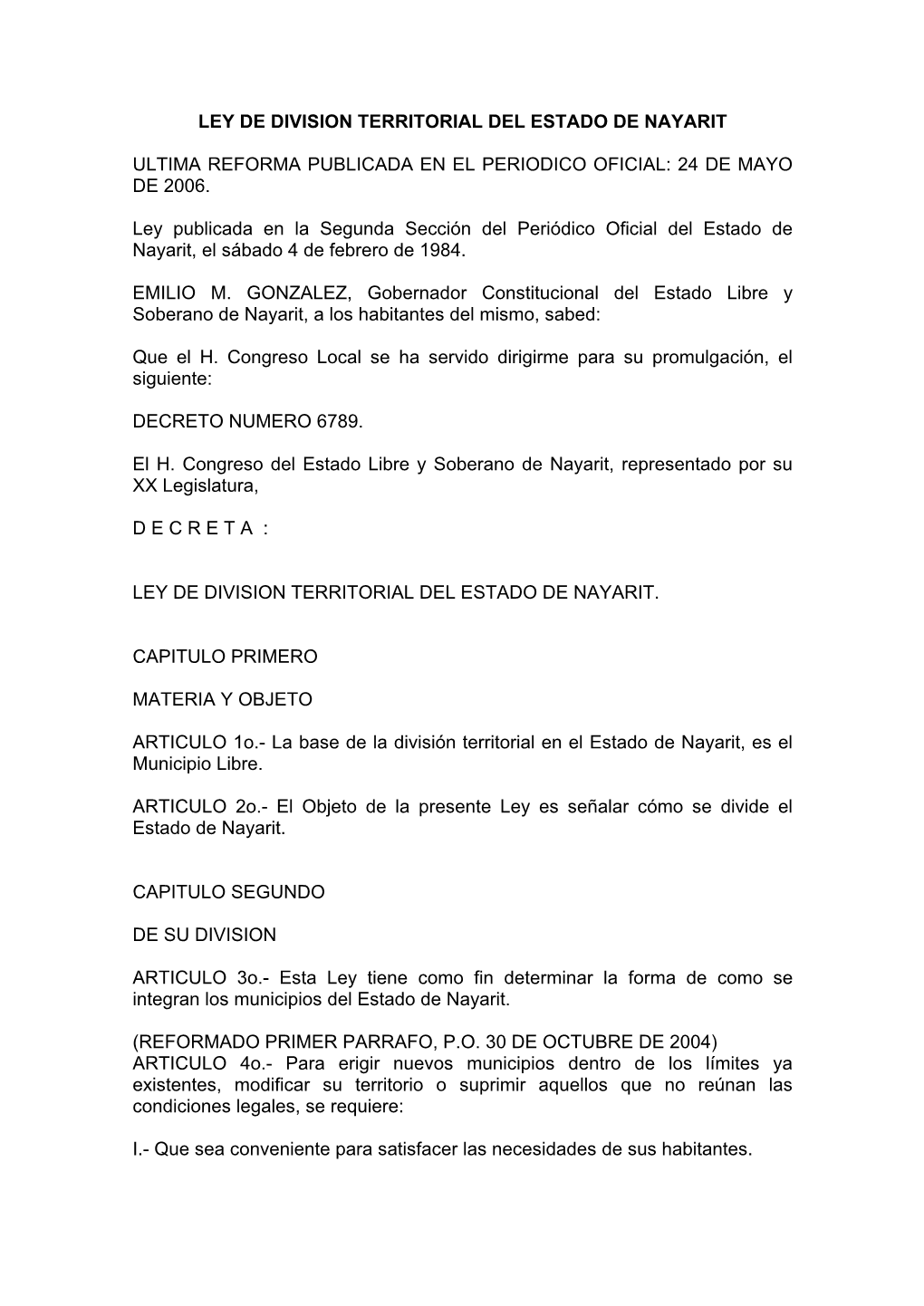 Ley De Division Territorial Del Estado De Nayarit Ultima