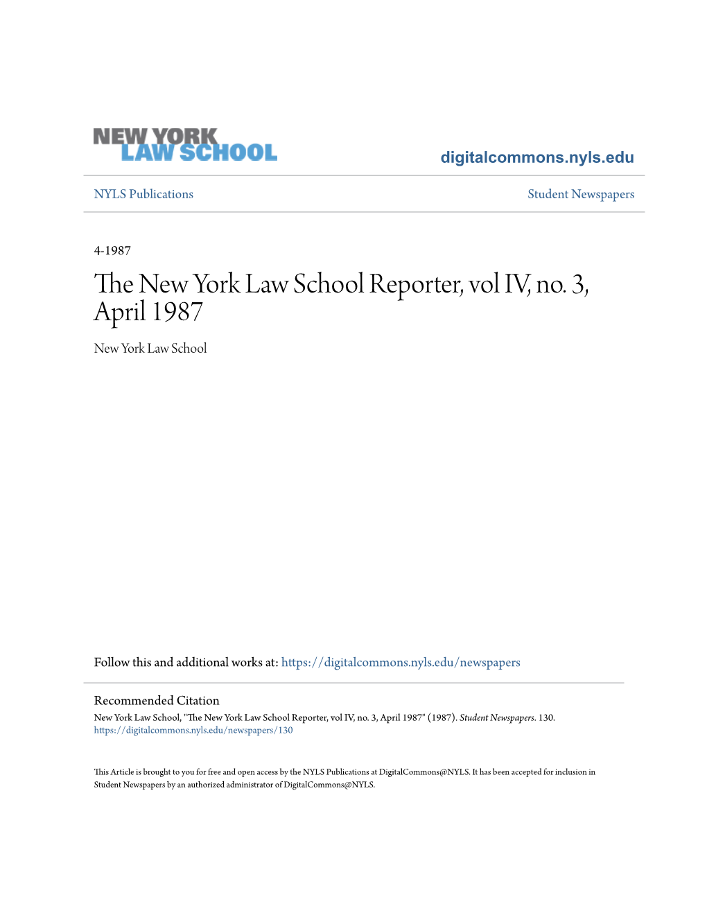 The New York Law School Reporter, Vol IV, No. 3, April 1987