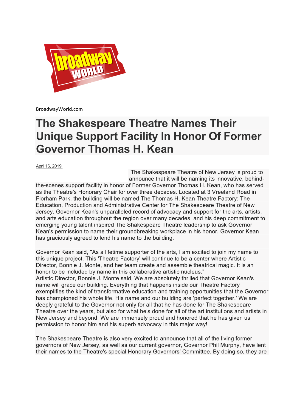 The Shakespeare Theatre Names Their Unique Support Facility in Honor of Former Governor Thomas H