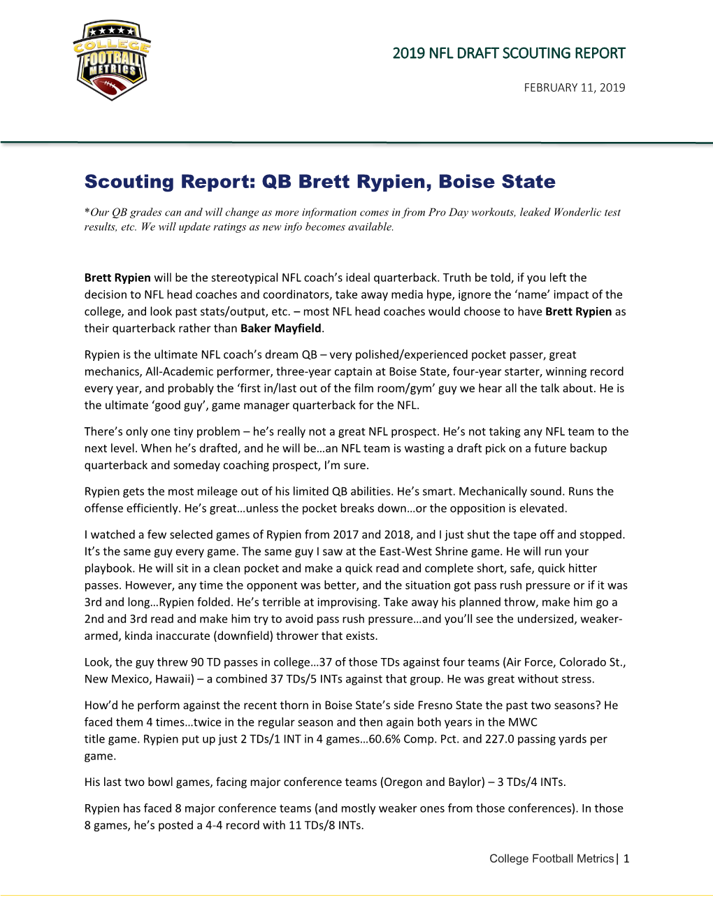 Scouting Report: QB Brett Rypien, Boise State