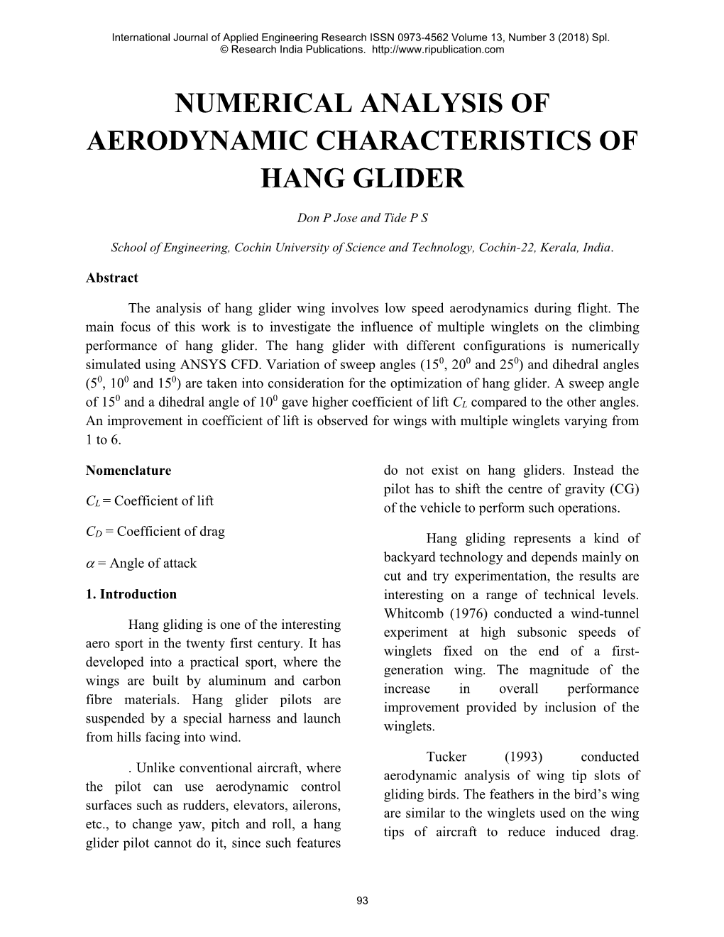 Numerical Analysis of Aerodynamic Characteristics of Hang Glider