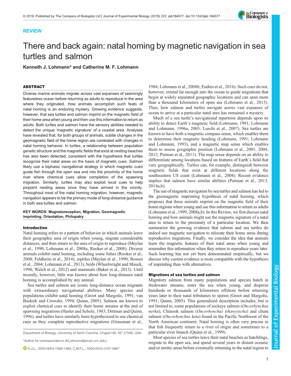 Natal Homing by Magnetic Navigation in Sea Turtles and Salmon Kenneth J