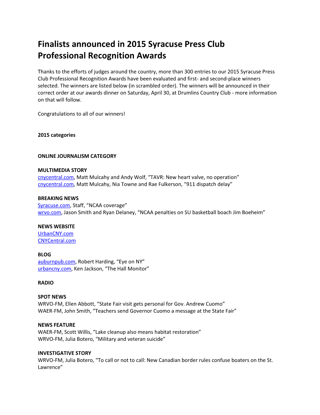 Finalists Announced in 2015 Syracuse Press Club Professional Recognition Awards