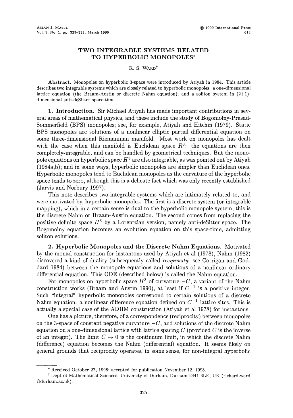 Two Integrable Systems Related to Hyperbolic Monopoles*