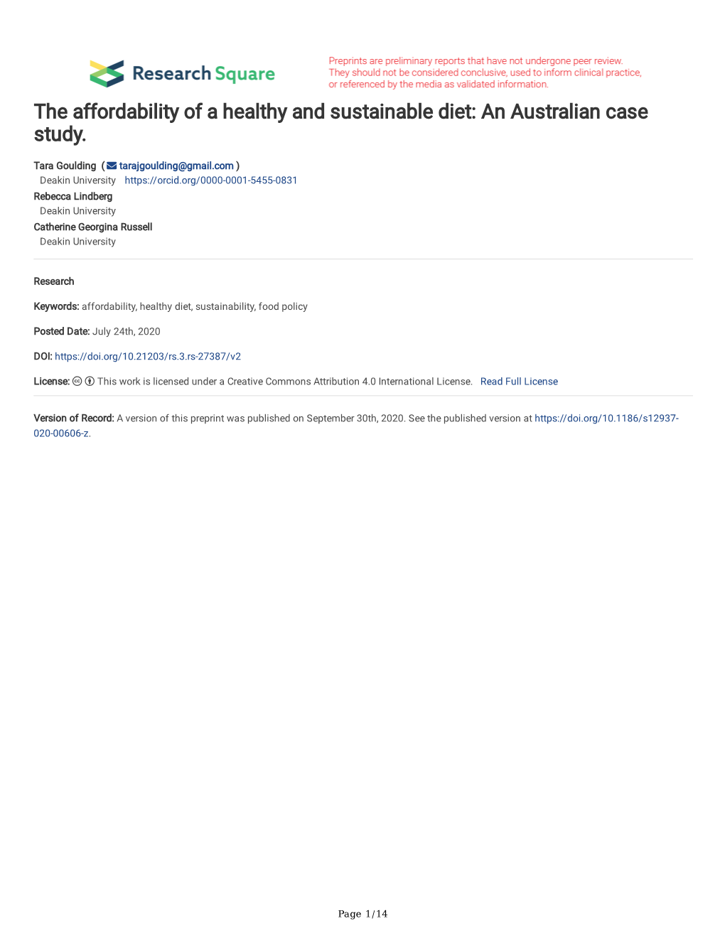 The Affordability of a Healthy and Sustainable Diet: an Australian Case Study