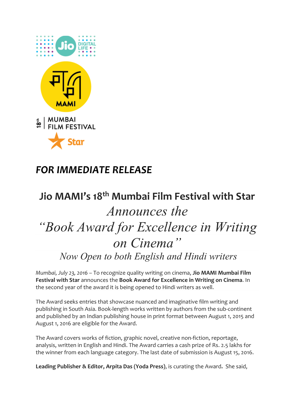 Book Award for Excellence in Writing on Cinema” Now Open to Both English and Hindi Writers