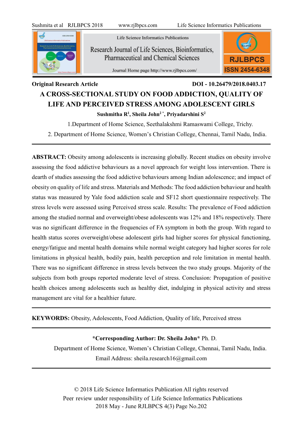A Cross-Sectional Study on Food Addiction, Quality of Life And