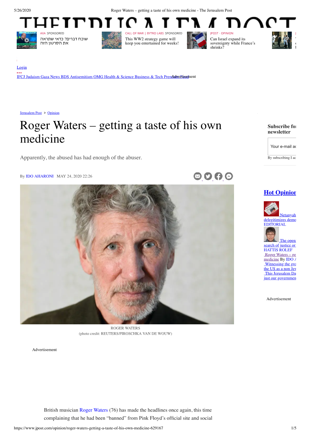 Roger Waters – Getting a Taste of His Own Medicine - the Jerusalem Post