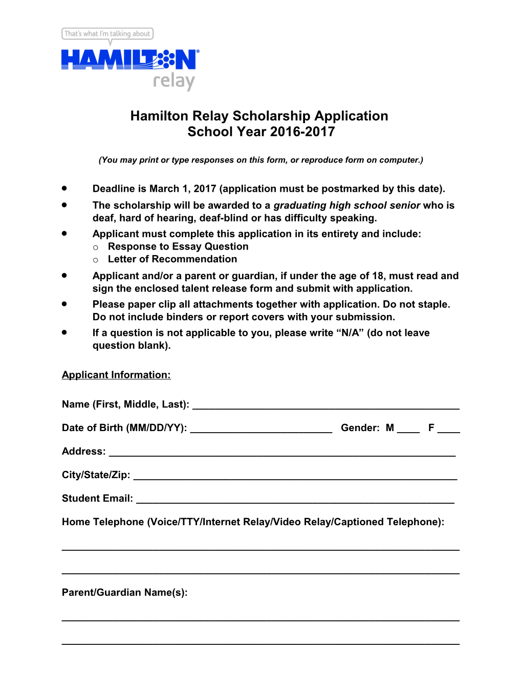 Hamilton Relay Scholarship