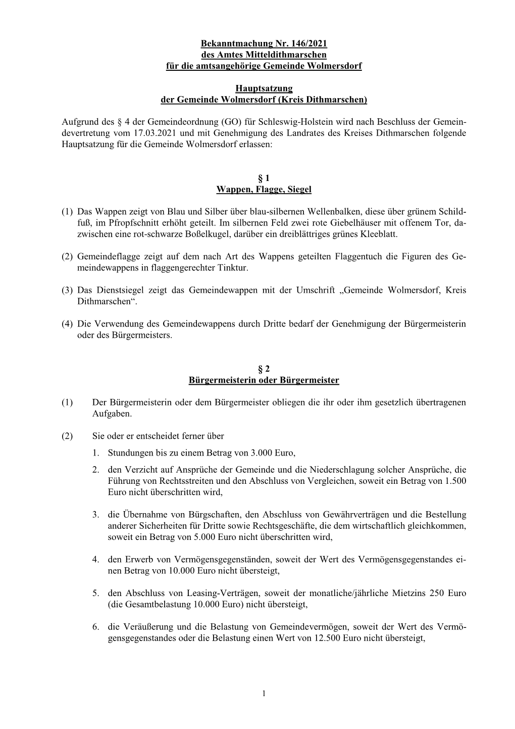 Bekanntmachung Nr. 146/2021 Des Amtes Mitteldithmarschen Für Die Amtsangehörige Gemeinde Wolmersdorf