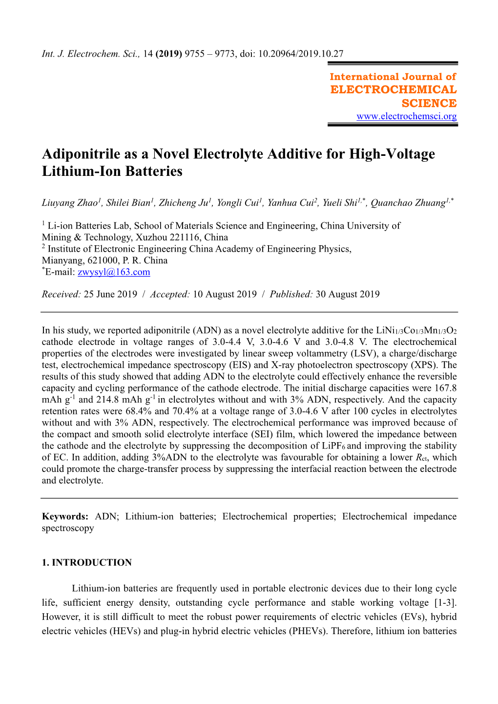 Adiponitrile As a Novel Electrolyte Additive for High-Voltage Lithium-Ion Batteries