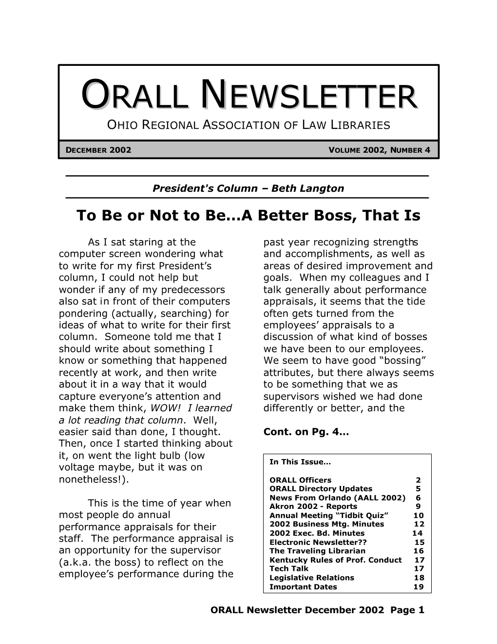 ORALL Newsletter December 2002 Page 1 ORALL Ohio Regional Association of Law Libraries