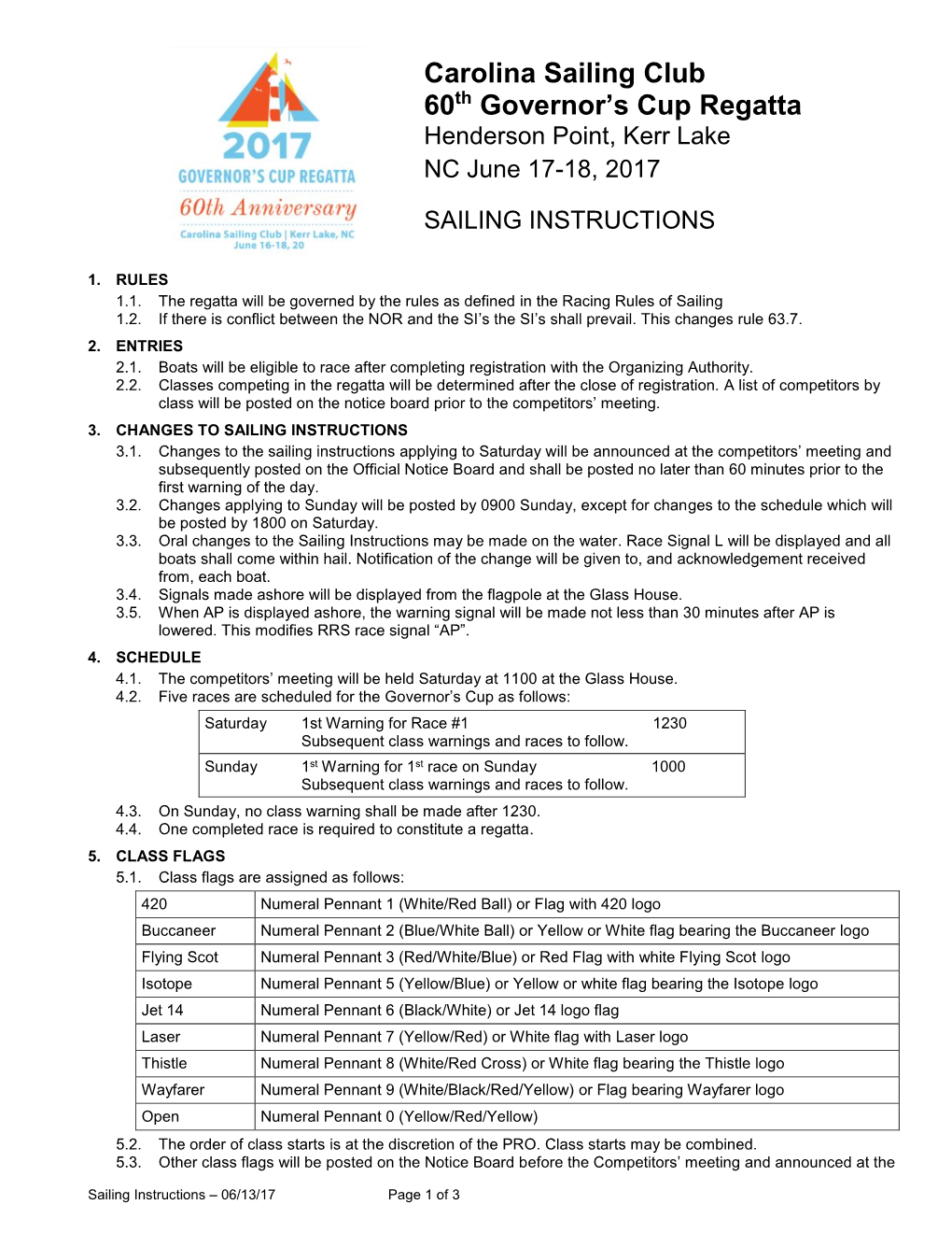 Download Sailing Instructions Posted 06/14/2017