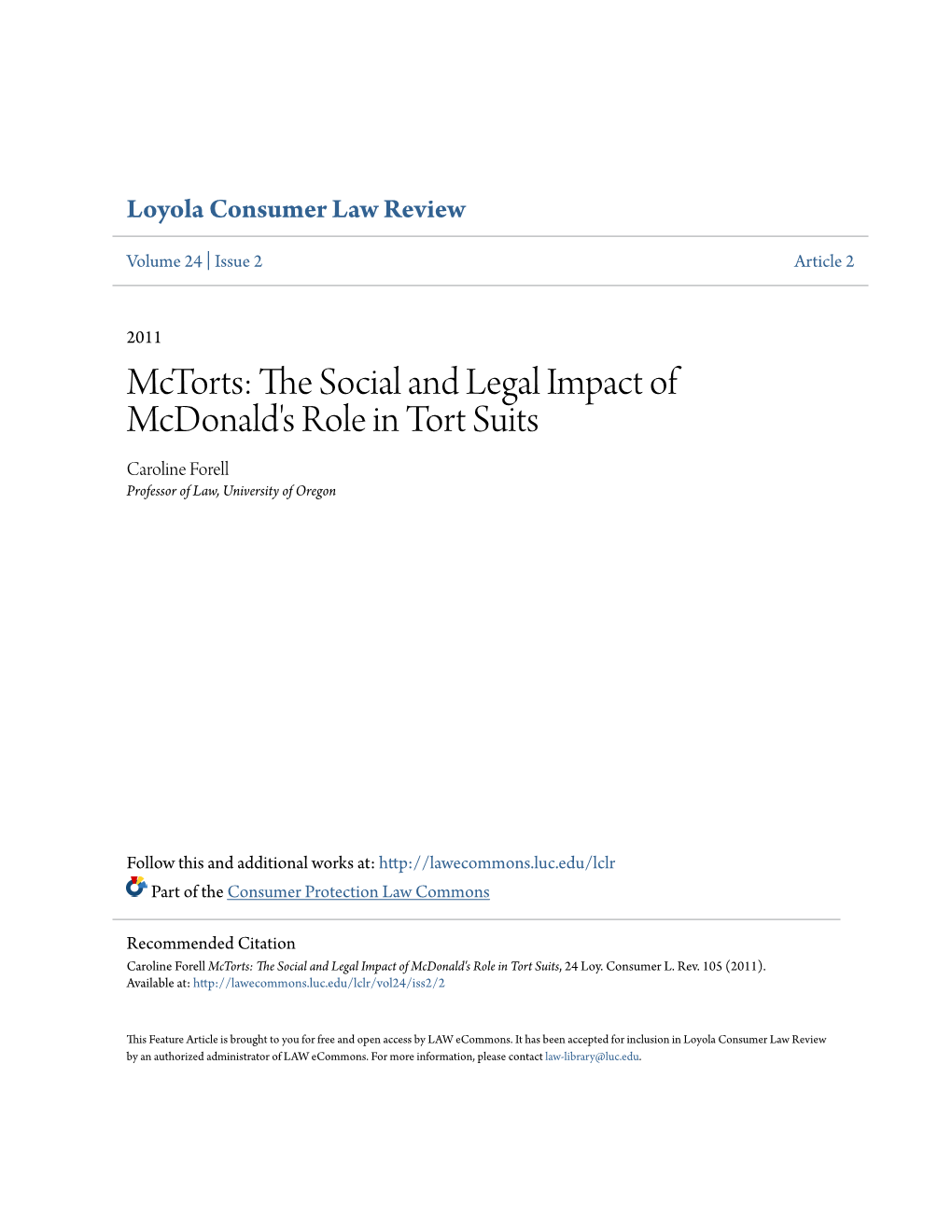 The Social and Legal Impact of Mcdonald's Role in Tort Suits, 24 Loy